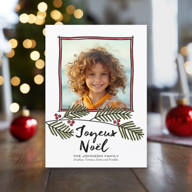 Joyeux Noel - Merry Christmas Photo Pine Branches Holiday Card (Holiday Photo Card with large script greeting)