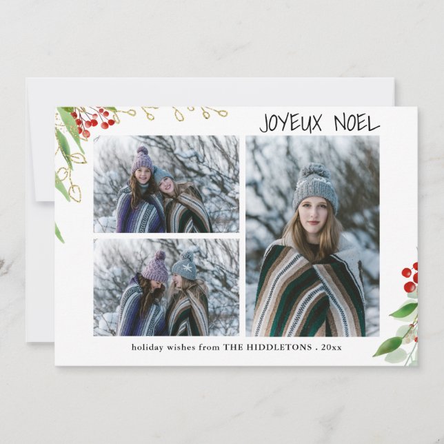 Joyeux Noel Modern Red Gold Berry | Multi Photo Holiday Card (Front)