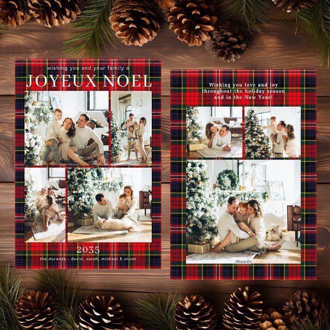 Joyeux Noel Multi Photo Red Plaid Holiday Card (Creator Uploaded)