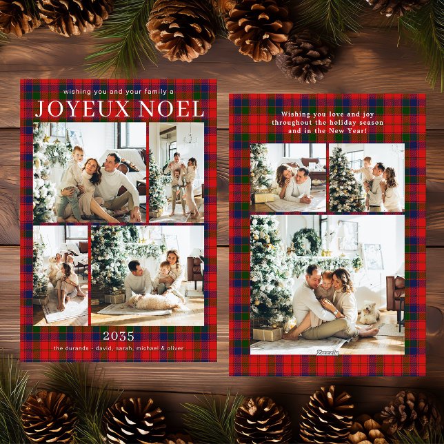 Joyeux Noel Multi Photo Red Plaid Holiday Card (Creator Uploaded)