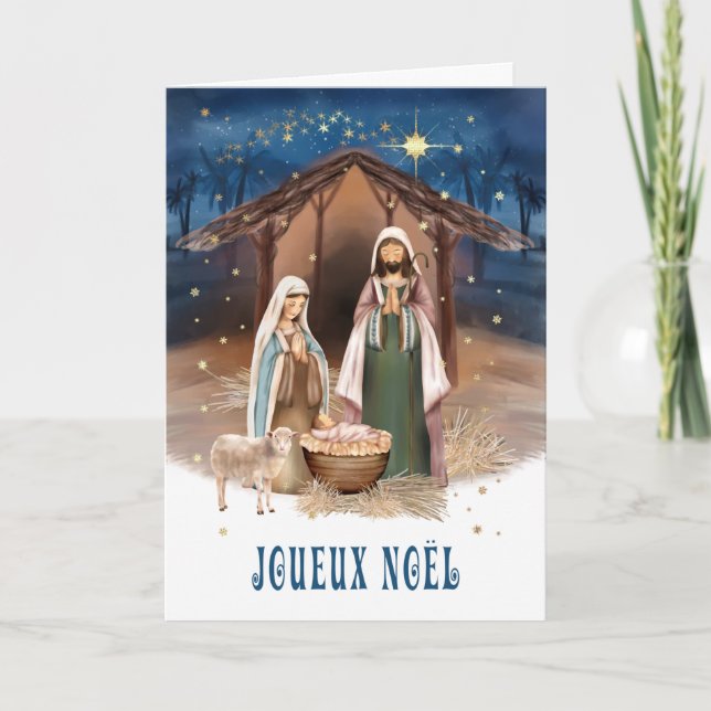 Joyeux Noël. Nativity Scene Card in French (Front)