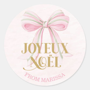 Joyeux Noël Pink & Green French Coquette Bow Classic Round Sticker