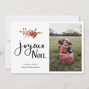 Joyeux Noel   Poinsettia Script Photo Holiday Card