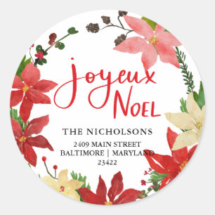 Joyeux Noel Poinsettia Wreath Return Address   Classic Round Sticker