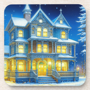 Joyeux Noël Pretty Blue Christmas House Coaster