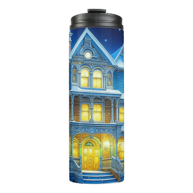 Joyeux Noël Pretty Blue Christmas House Thermal Tumbler (Front)
