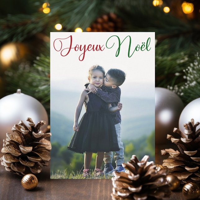 Joyeux Noël Red Green Script French Family Photo Holiday Card (Creator Uploaded)