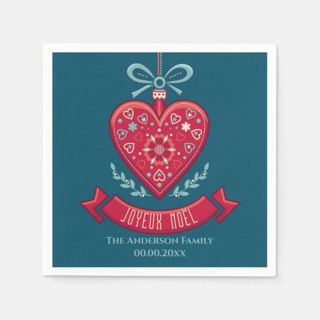 Joyeux Noel red heart tree decoration family name Napkin (Front)