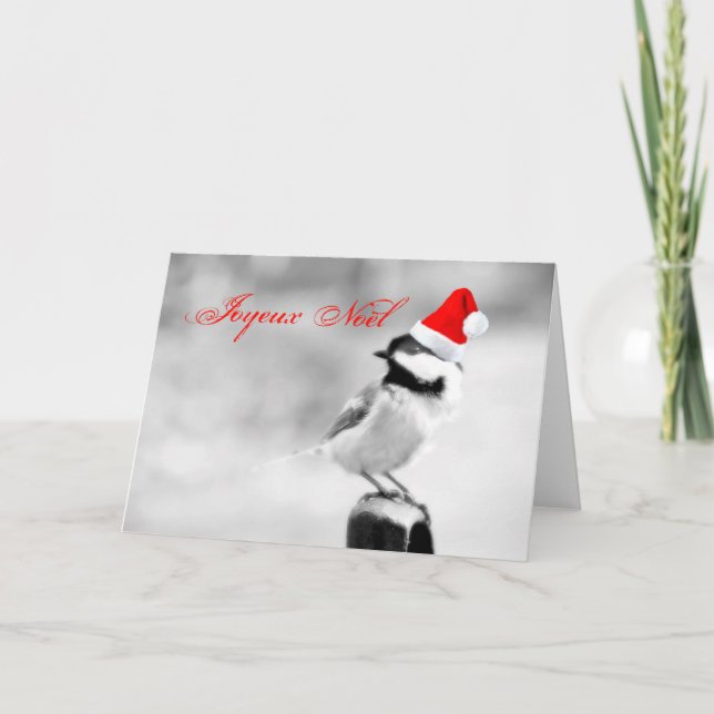 Joyeux Noël Santa Chickadee Holiday Card (Front)