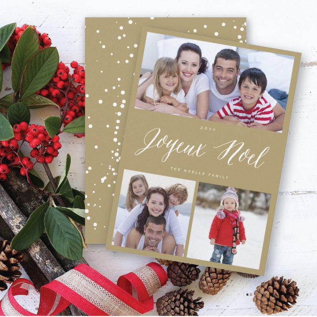Joyeux Noel Script 3 Photo Collage Christmas Holiday Card (Creator Uploaded)