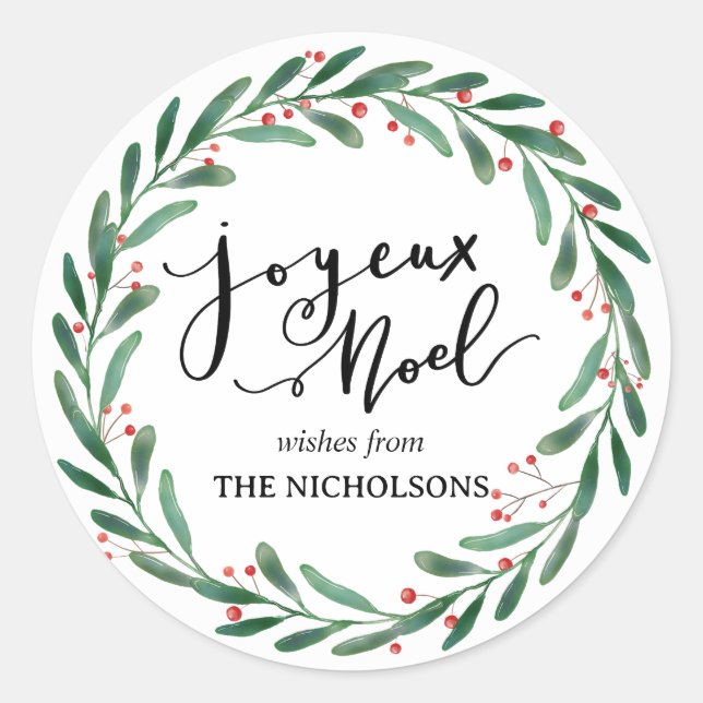 Joyeux Noel Simple Casual Script | Wreath Classic Round Sticker (Front)