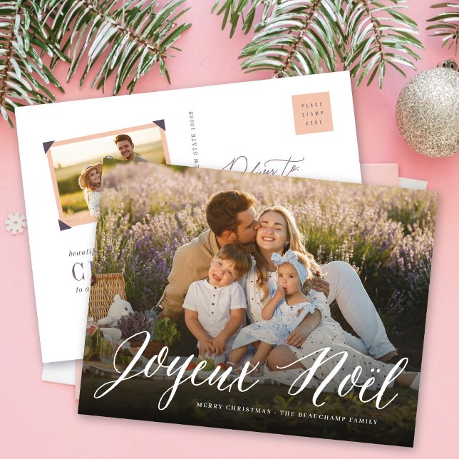 Joyeux Noel Simple Script Christmas Photo Postcard (Creator Uploaded)