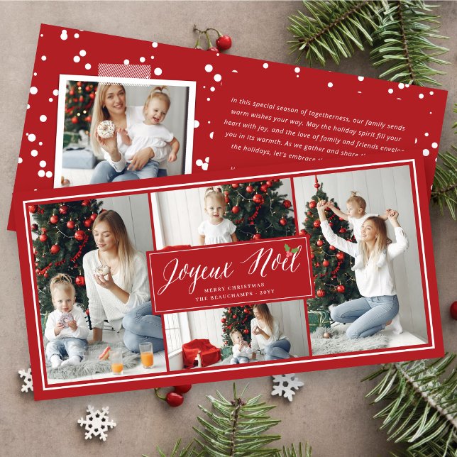 Joyeux Noel Simple Script Modern 4 Photo Christmas Holiday Card (Creator Uploaded)