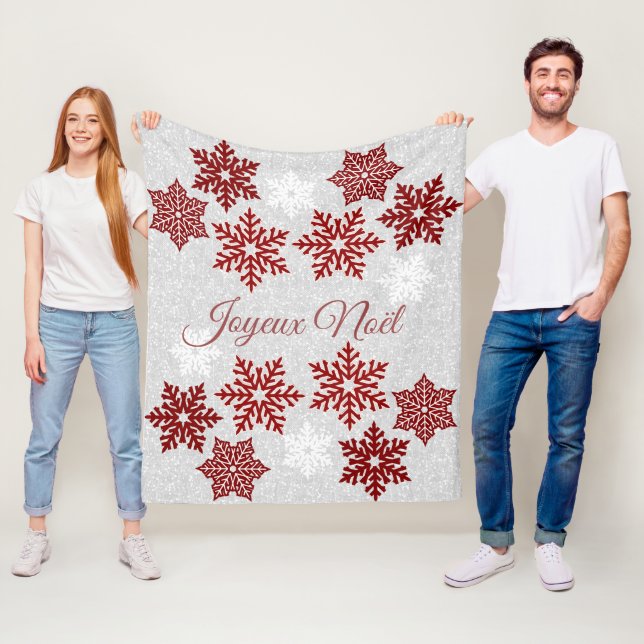 Joyeux Noël Sparkling Red Snowflakes  Fleece Blanket (In Situ)