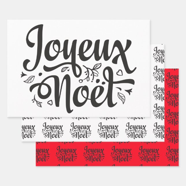 Joyeux Noel typography lettering black white red Wrapping Paper Sheet (Set)