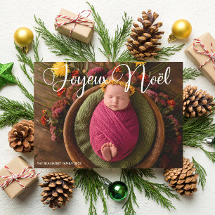 Joyeux Noël White Script Baby Photo Christmas Holiday Card