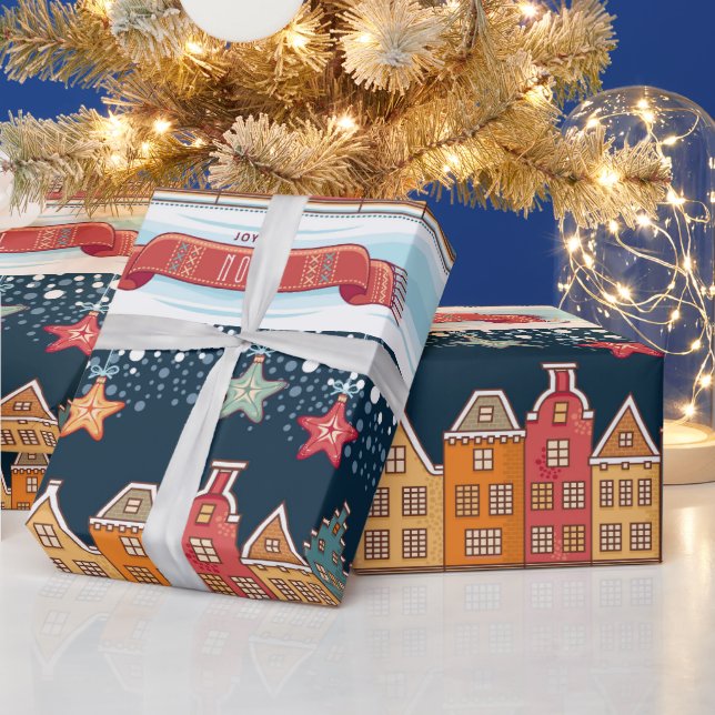 Joyeux Noel winter houses snow village pattern Wrapping Paper (Holidays)