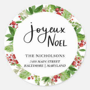 Joyeux Noel Wreath Festive Script   Holiday Classic Round Sticker