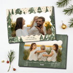 Joyful 2 Photo Family Winter Christmas Trees Holiday Card<br><div class="desc">Joyful 2 Photo Family Winter Christmas Trees Holiday Card Christmas Card features your favourite photo on the front with the text "Joyful" in modern typography on a background of green Christmas trees accented with gold stars and snow and personalised with your family name below. On the reverse add an additional...</div>