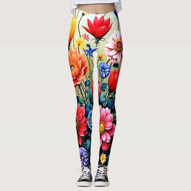 Joyful Abstract Flower Garden Design Leggings (Front)