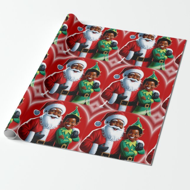 Joyful African American Santa and Elf Christmas  Wrapping Paper (Unrolled)