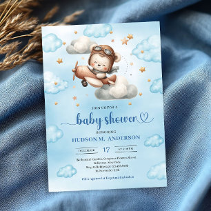 Joyful airplane teddy bear blue baby shower invite
