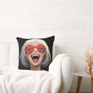Joyful Anime Girl: Grey Hair, Red Glasses, Red Rob Cushion