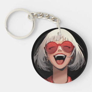 Joyful Anime Girl: Grey Hair, Red Glasses, Red Rob Key Ring
