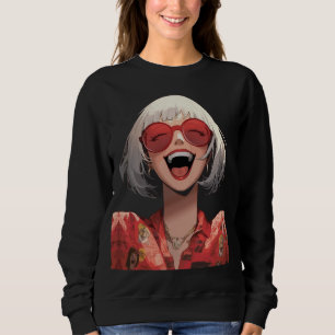 Joyful Anime Girl: Grey Hair, Red Glasses, Red Rob Sweatshirt