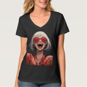 Joyful Anime Girl: Grey Hair, Red Glasses, Red Rob T-Shirt