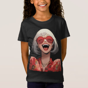Joyful Anime Girl: Grey Hair, Red Glasses, Red Rob T-Shirt