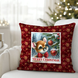 Joyful Baby Deer Snowy Forest Kids Gift Christmas Cushion