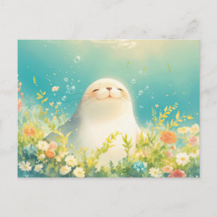 Joyful Baby Seal in Luminous Meadow Postcard