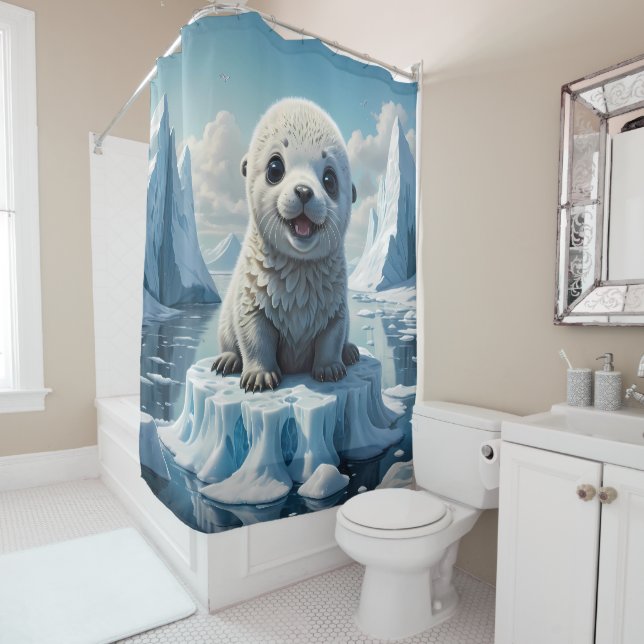 Joyful Baby Seal on an Iceberg bathroom Shower Curtain (In Situ)