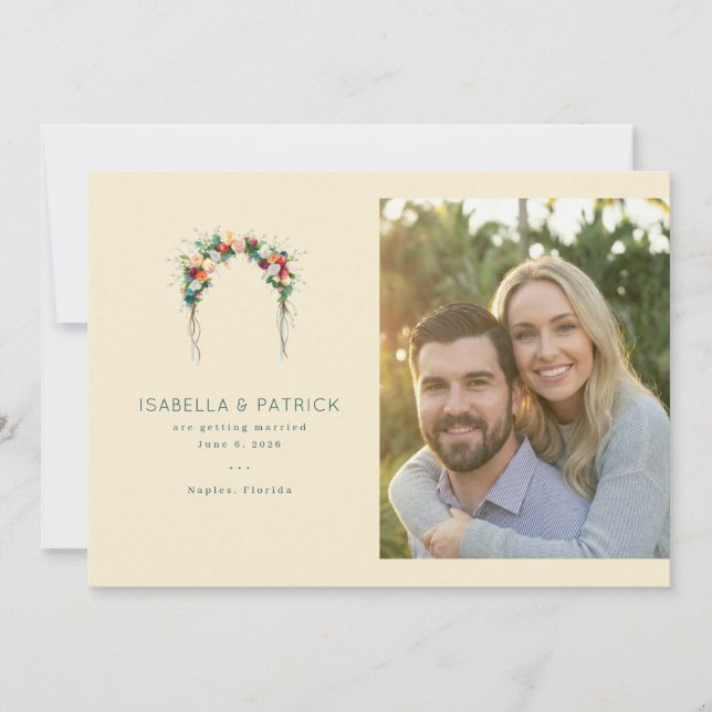 Joyful Beige Floral Arch Save The Date (Front)