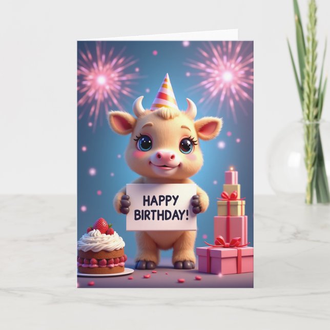 Joyful Birthday Calf Illustration Card (Front)