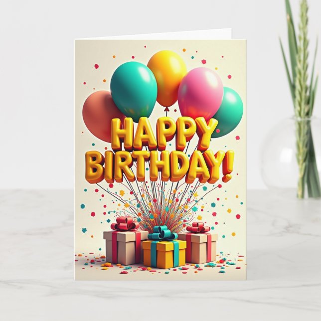 Joyful Birthday Golden Balloon Card (Front)