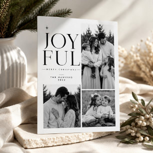 Joyful Black and White Family Christmas Photo Holiday Card
