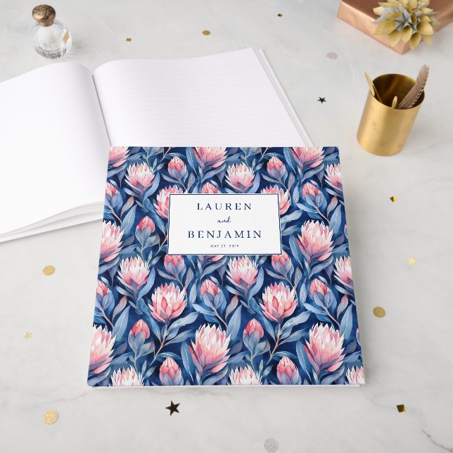 Joyful Blue and Pink Floral Protea Guest Book (Front Open)