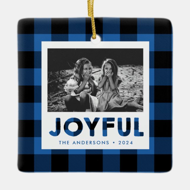 Joyful Blue Buffalo Plaid Photo Ornament (Front)