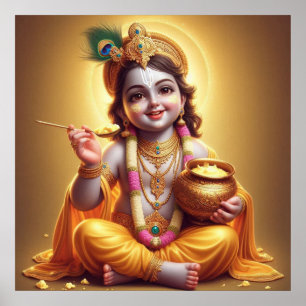 Joyful Blue Classic Krishna Makhan Pot Design Poster