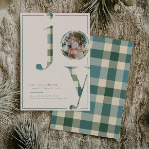 Joyful Blue Green Plaid Family Photo Christmas Holiday Card