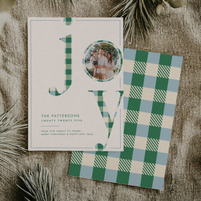 Joyful Blue Green Tartan Family Photo Christmas Holiday Card (Creator Uploaded)