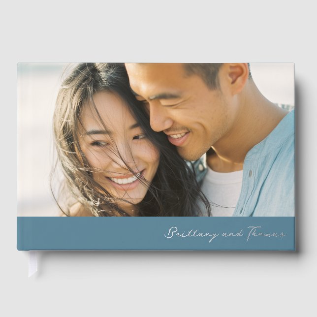 Joyful Blue Realistic Photo Guest Book (Front)