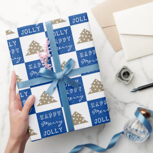 Joyful Blue Typography Christmas Tree Pattern Wrapping Paper