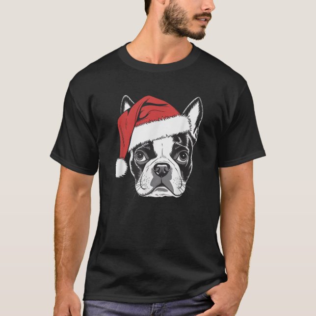 Joyful Boston Terrier Santa Dog on Boston Terrier  T-Shirt (Front)