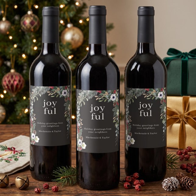 Joyful Botanical Christmas Personalised Wine Label (Joyful Botanical Christmas Personalized Wine Label by Ricaso. Add your own message  -Corporate use)