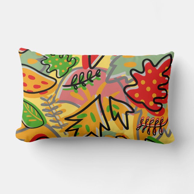 Joyful botanical leaf red yellow pink cute decor lumbar cushion (Front)