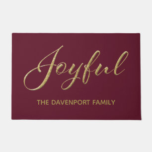 Joyful Burgundy and Gold Script Holiday Doormat