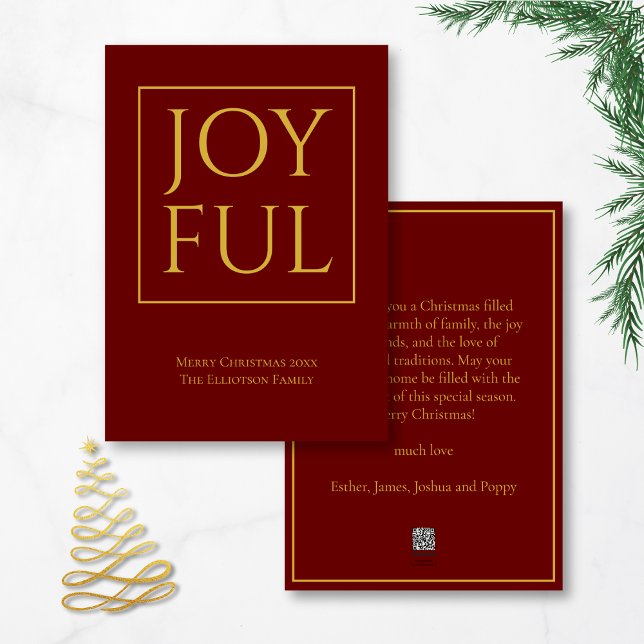 Joyful Burgundy Gold Name Merry Christmas Holiday Card (Front and back view. Available digitally or printed)